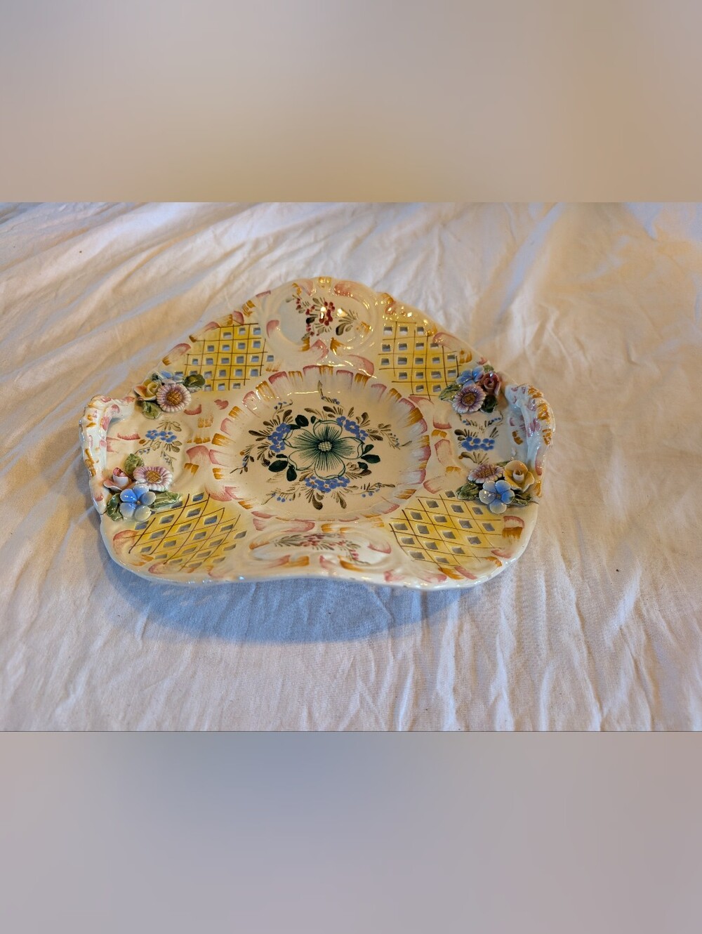 2/60$ Vintage Floral Ceramic decorative trinketPlatter in Yellow, Cream and Blue